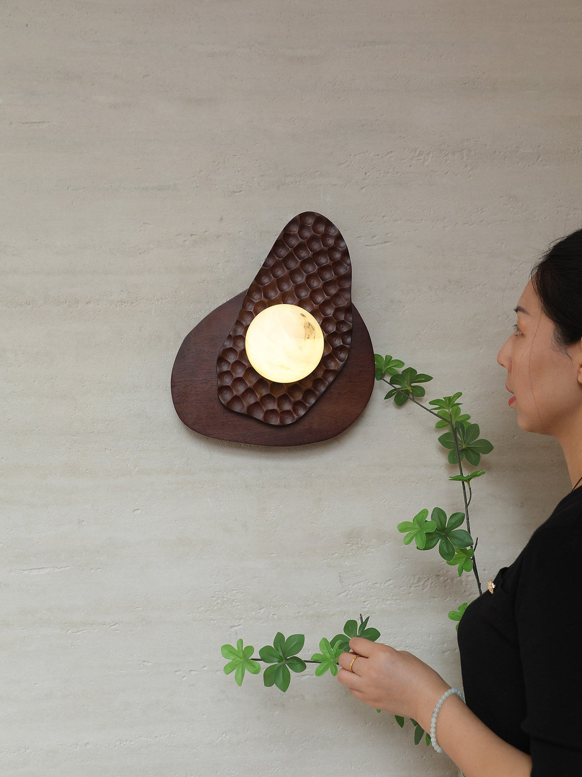 Ember Nest Wall Sconce with Alabaster Sphere and Walnut Backplate