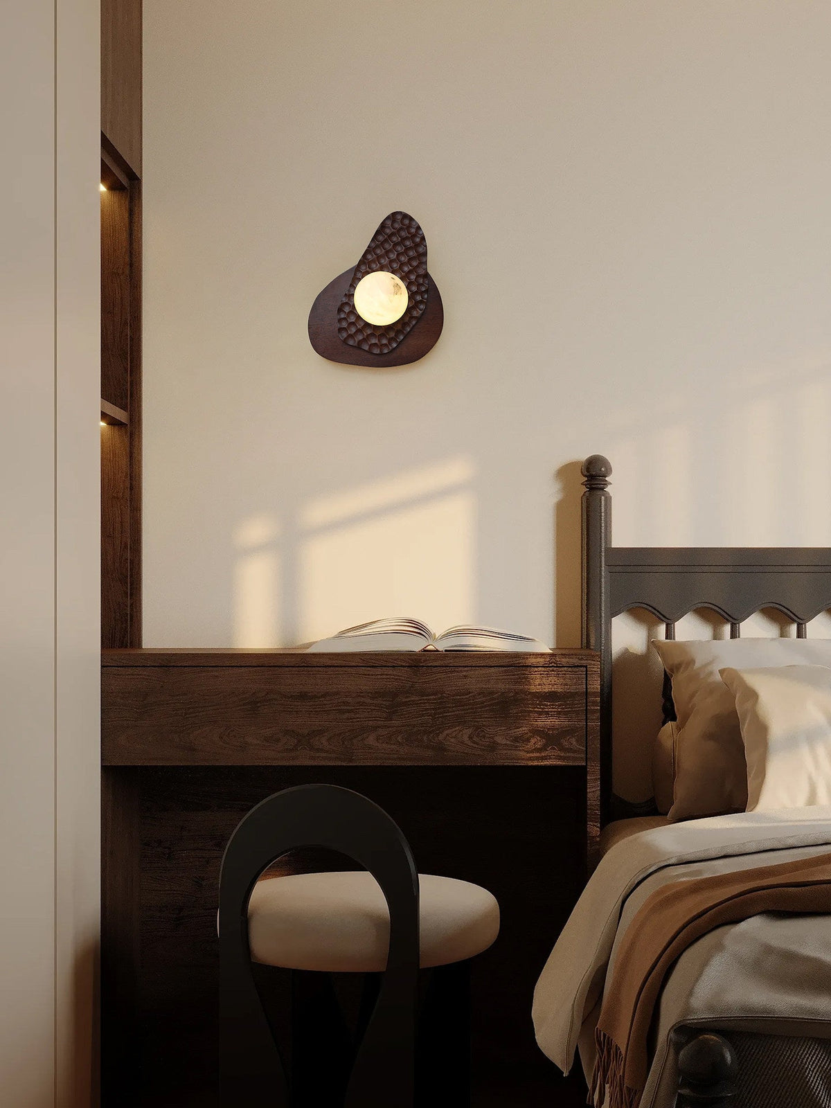 Ember Nest Wall Sconce with Alabaster Sphere and Walnut Backplate