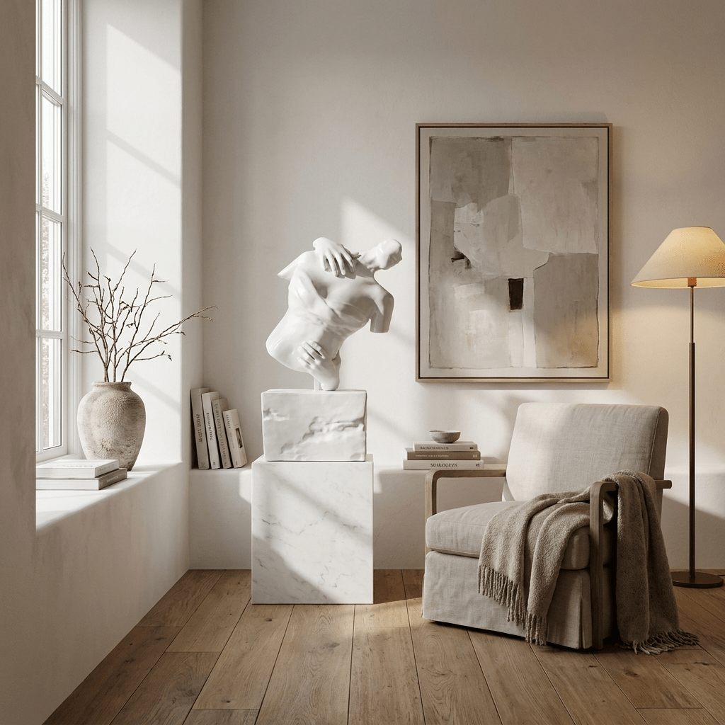 Embrace Form Sculpture — Glossy White Figurative Art for Modern Interiors