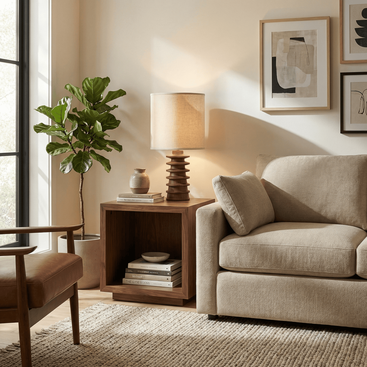 Equinox Tiered Wood Table Lamp with Linen Drum Shade
