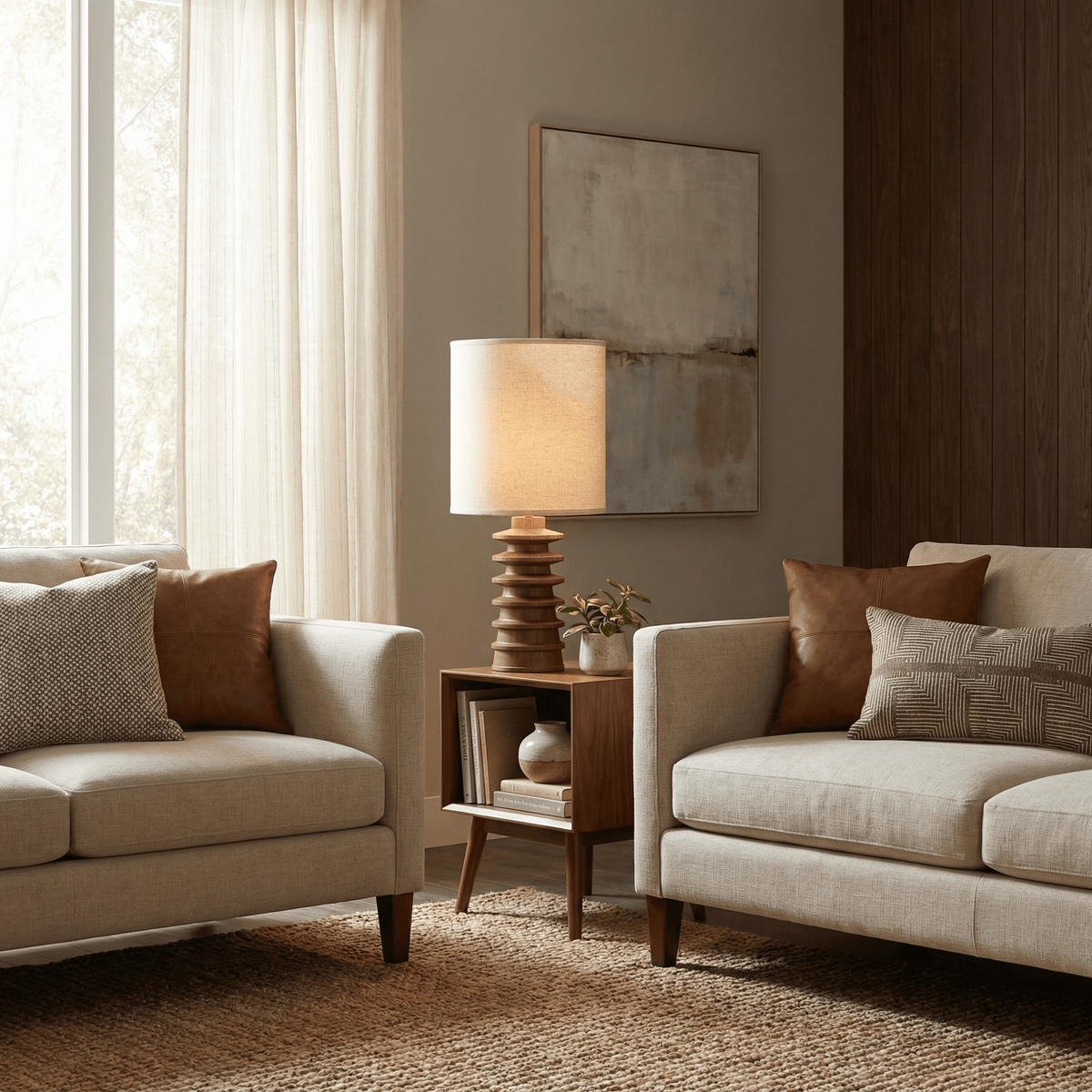 Equinox Tiered Wood Table Lamp with Linen Drum Shade