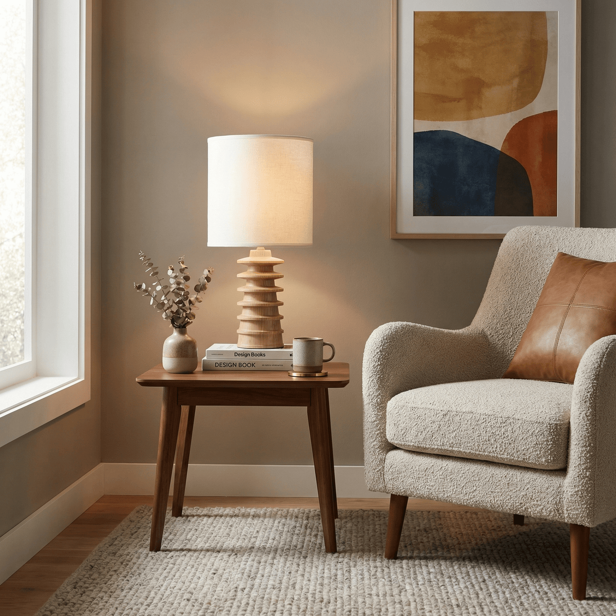 Equinox Tiered Wood Table Lamp with Linen Drum Shade