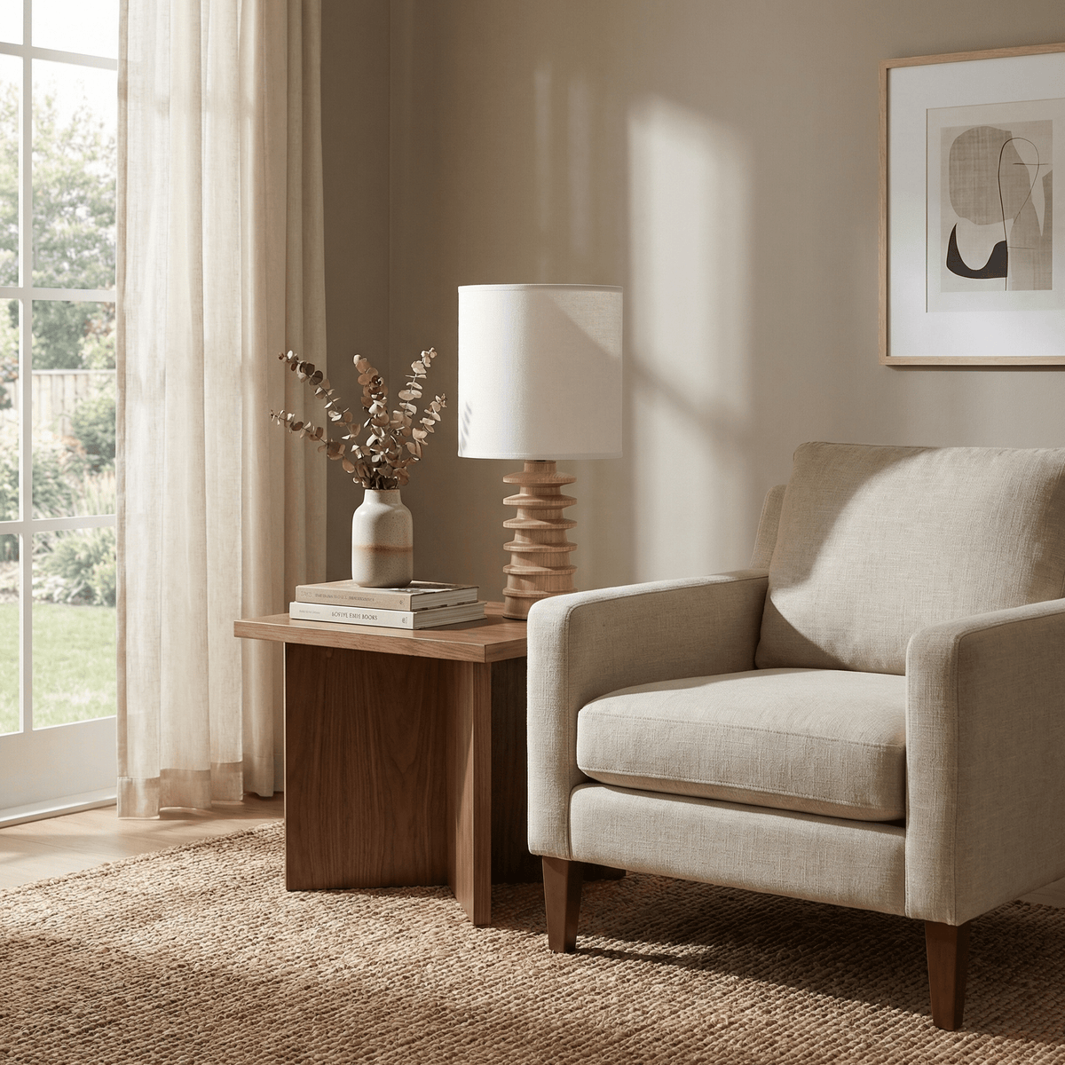Equinox Tiered Wood Table Lamp with Linen Drum Shade