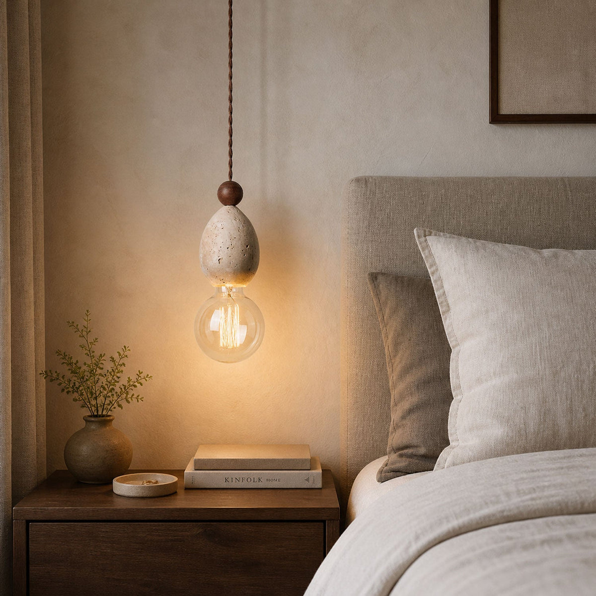 Eryndor Travertine Pendant Light – Natural Stone & Walnut Wood