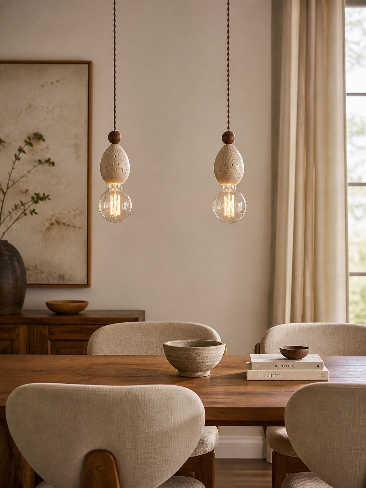 Eryndor Travertine Pendant Light – Natural Stone & Walnut Wood
