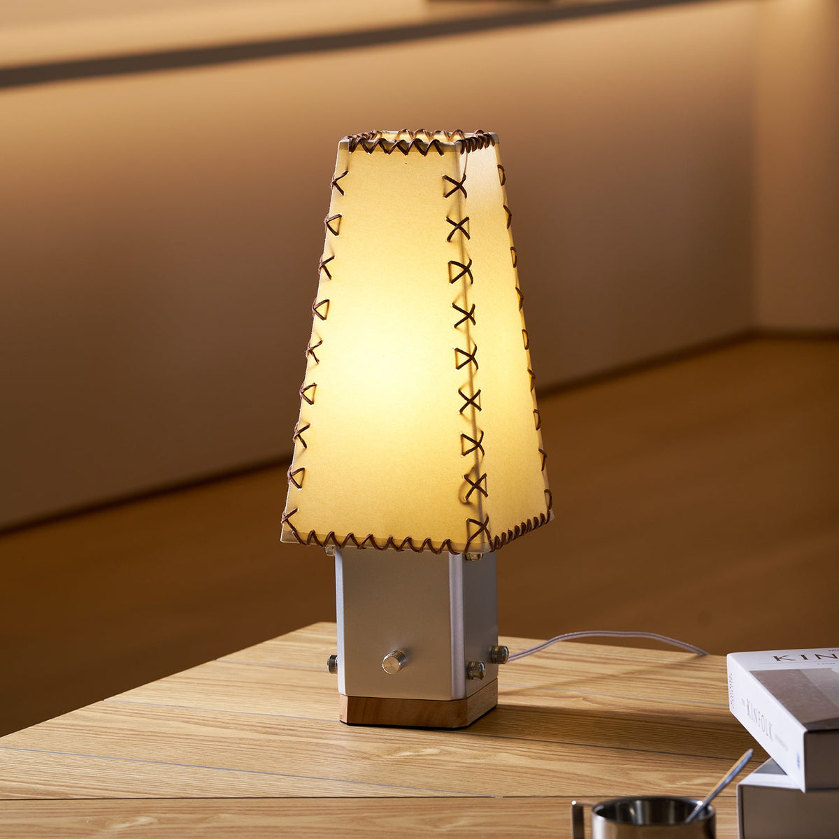 Estela Table Lamp – Tailored Grey & White Shade with Brass Accent