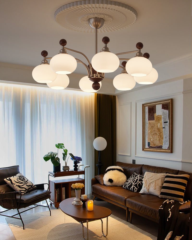 Ethereal Orbit Chandelier – Modern Walnut & Glass Pendant Light