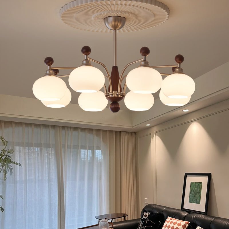 Ethereal Orbit Chandelier – Modern Walnut & Glass Pendant Light