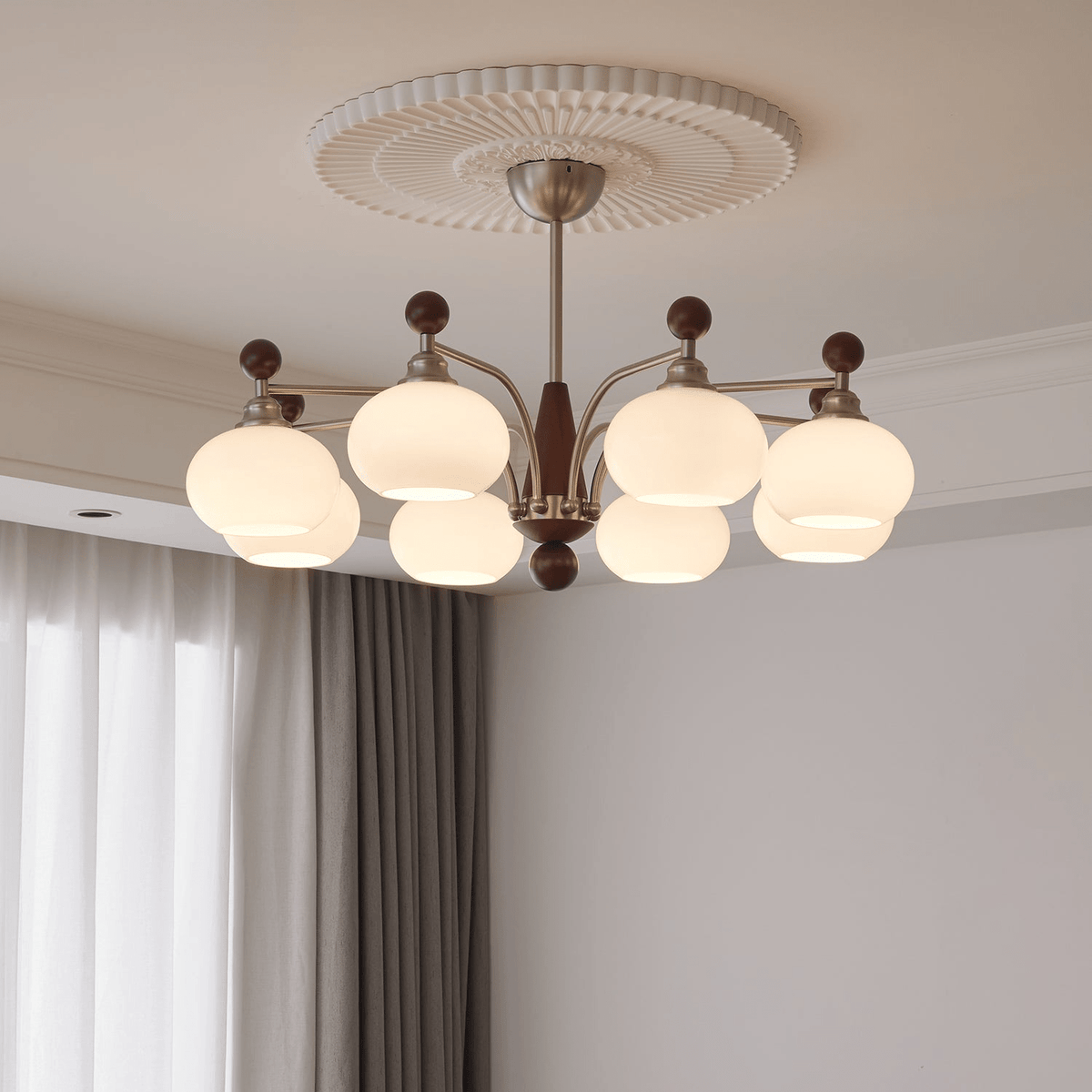 Ethereal Orbit Chandelier – Modern Walnut & Glass Pendant Light