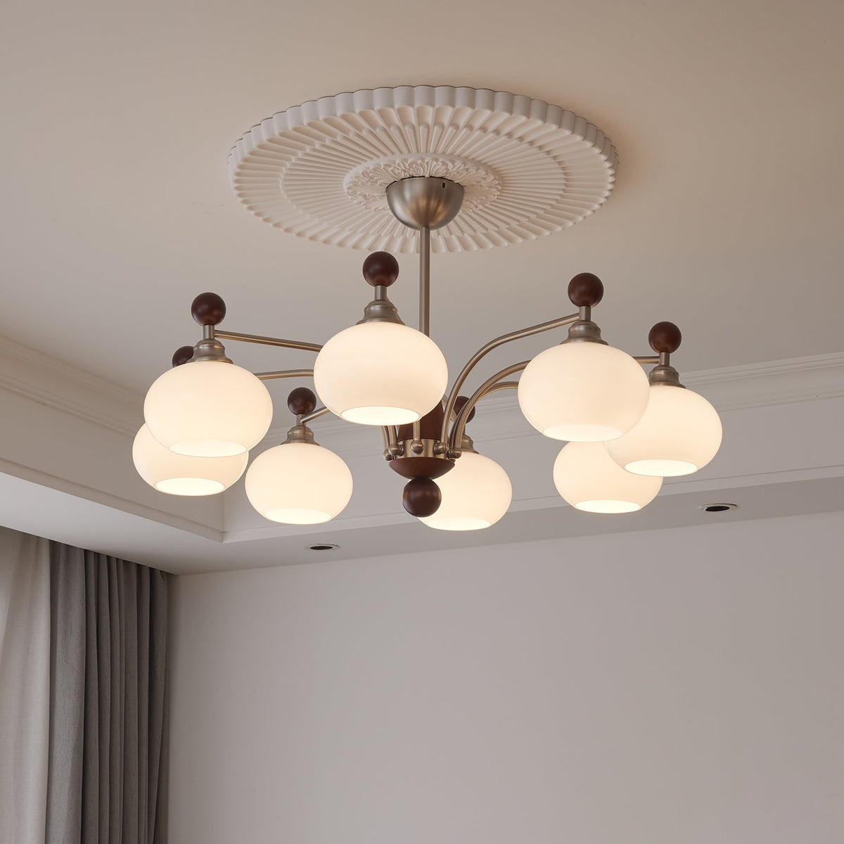Ethereal Orbit Chandelier – Modern Walnut & Glass Pendant Light