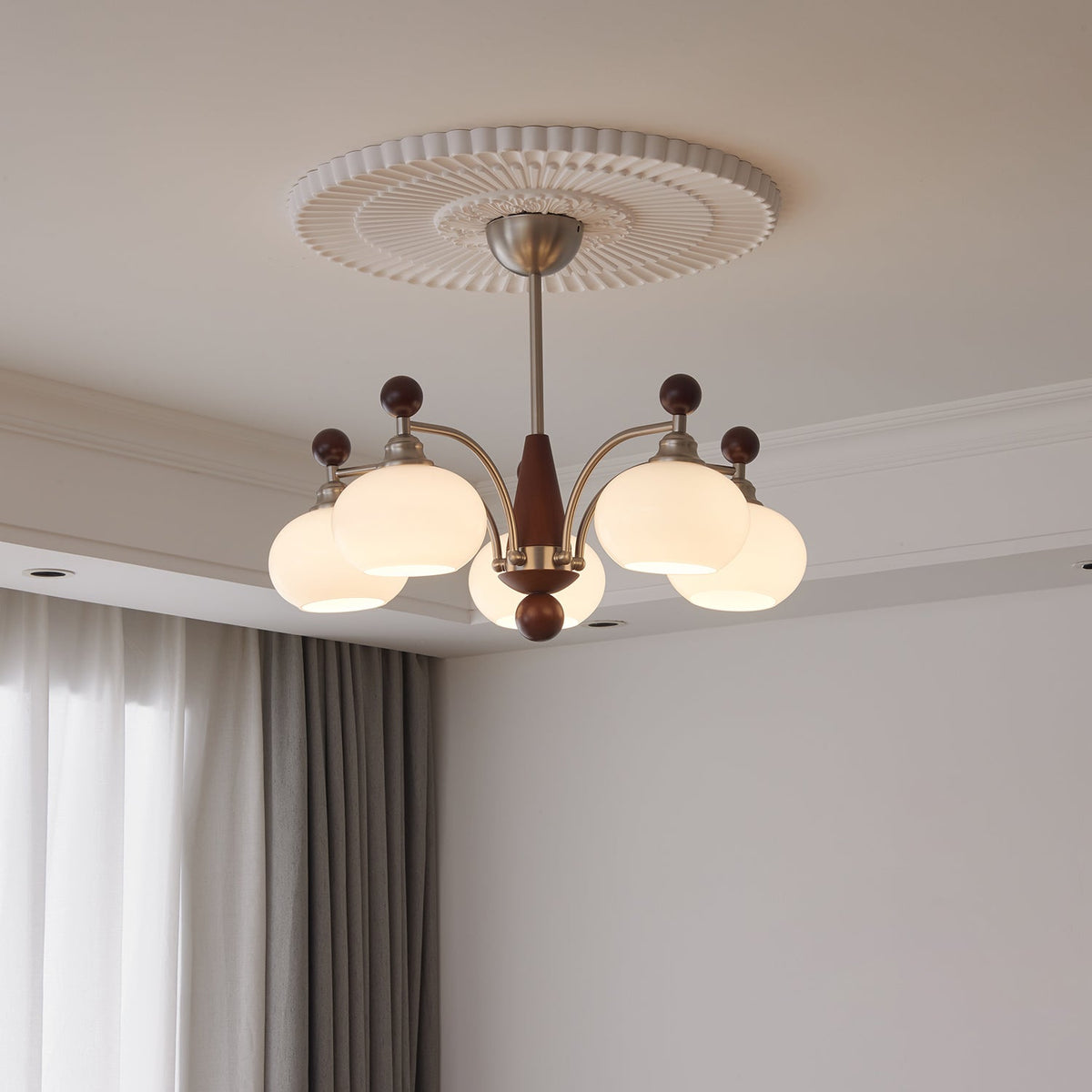 Ethereal Orbit Chandelier – Modern Walnut & Glass Pendant Light