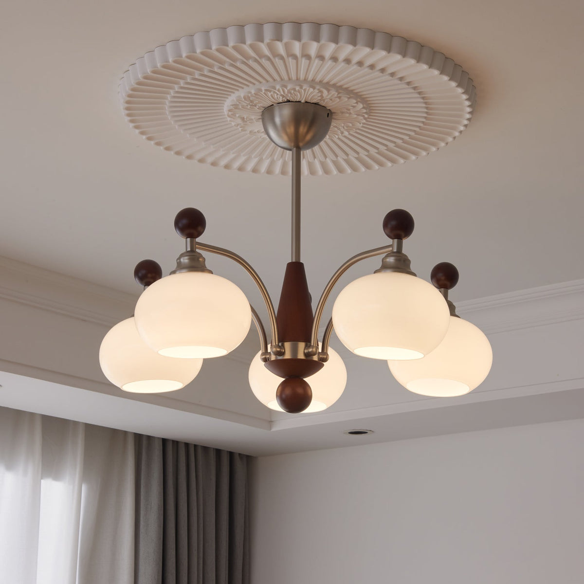 Ethereal Orbit Chandelier – Modern Walnut & Glass Pendant Light