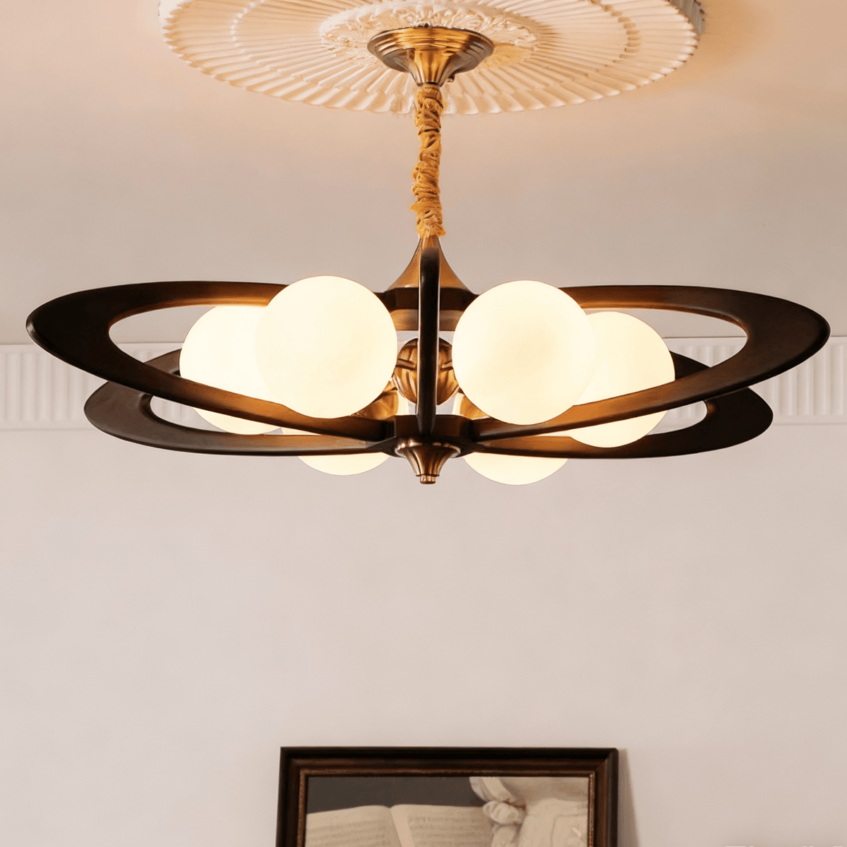 Evadra Celeste Wood & Glass Chandelier, Six-Light Halo Design