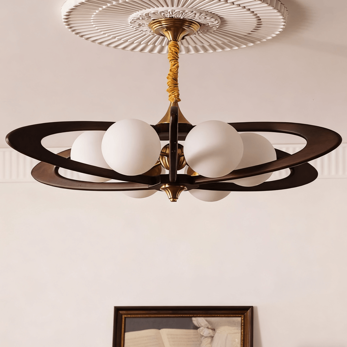 Evadra Celeste Wood & Glass Chandelier, Six-Light Halo Design