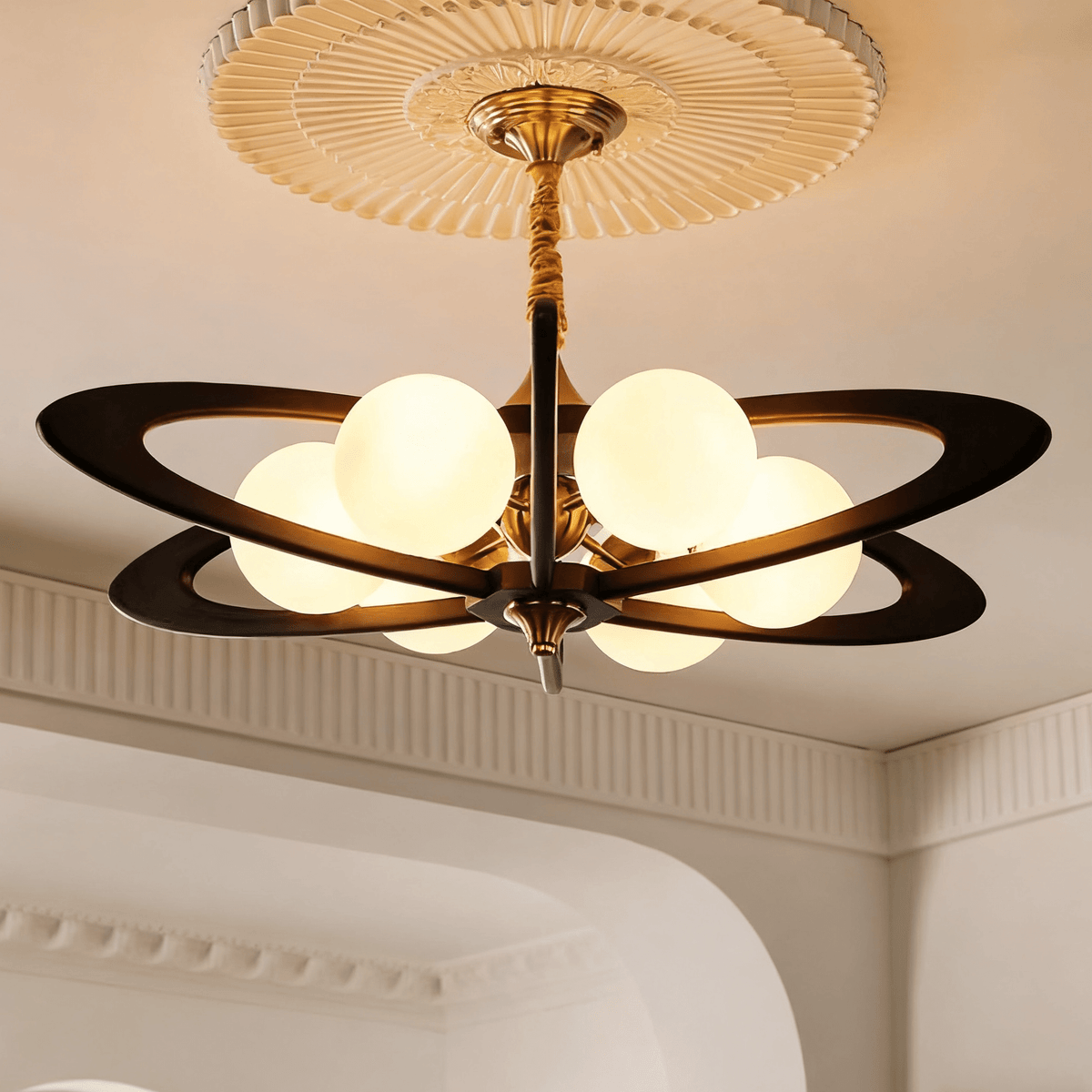 Evadra Celeste Wood & Glass Chandelier, Six-Light Halo Design