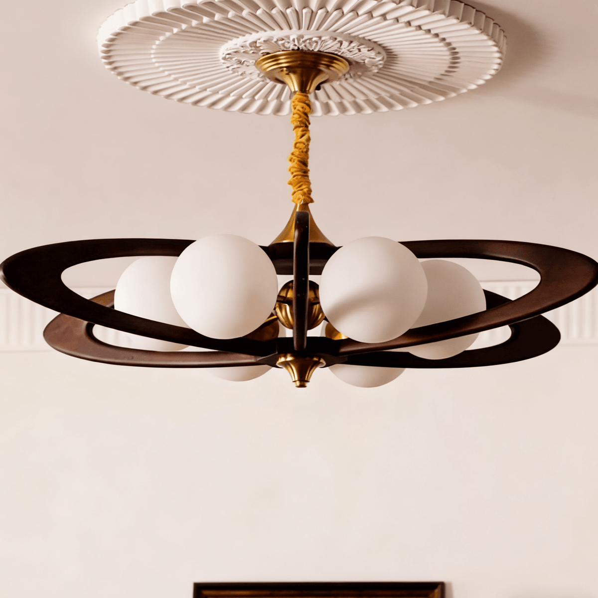 Evadra Celeste Wood & Glass Chandelier, Six-Light Halo Design