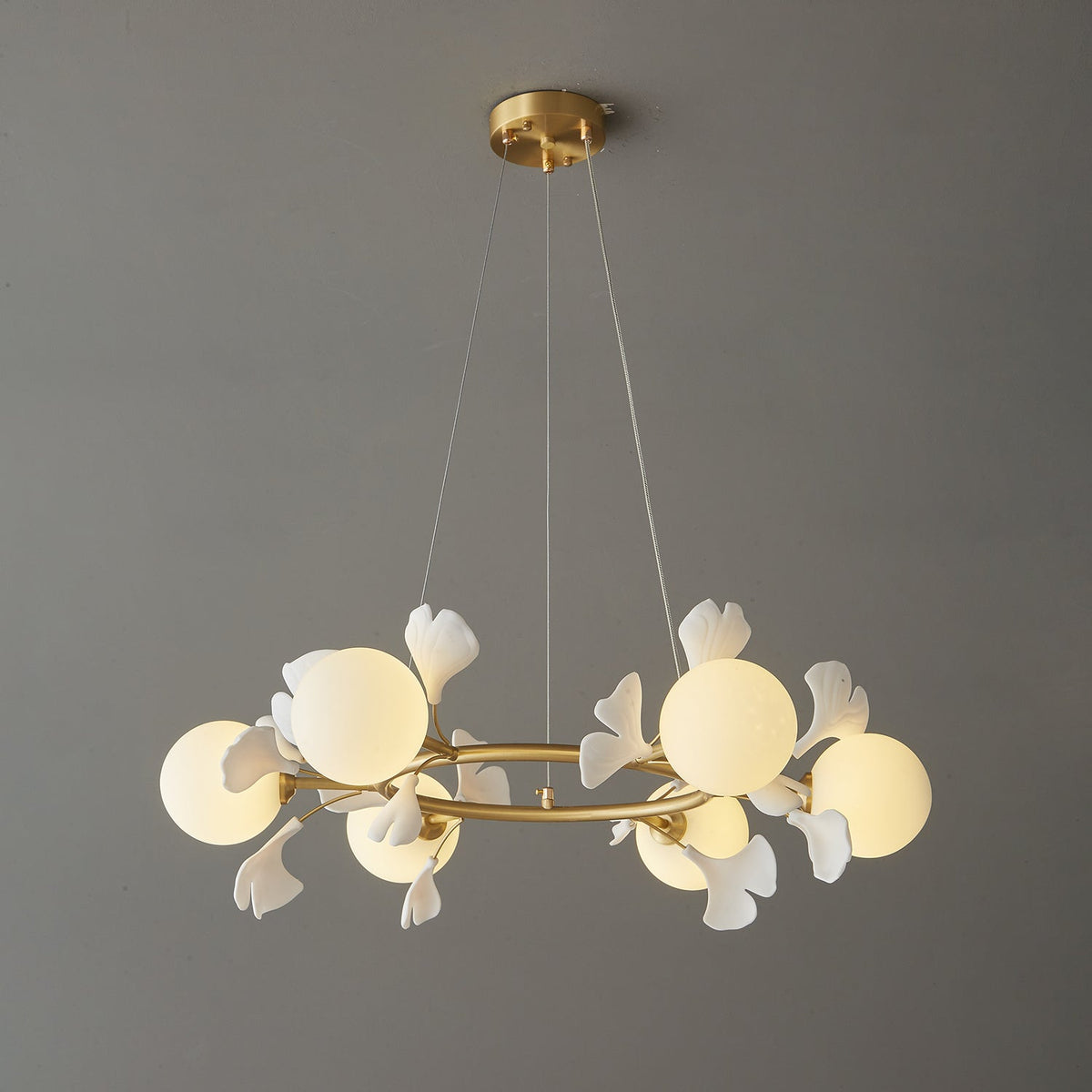 Gingko Orb Brass Chandelier with Porcelain Leaves and Glass Globes