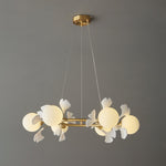 Gingko Orb Brass Chandelier with Porcelain Leaves and Glass Globes