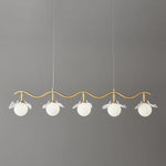 Gingko Orb Brass Chandelier with Porcelain Leaves and Glass Globes