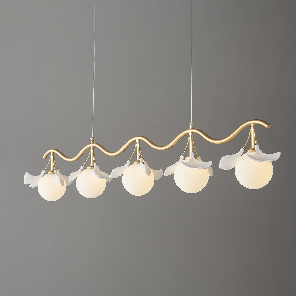 Gingko Orb Brass Chandelier with Porcelain Leaves and Glass Globes