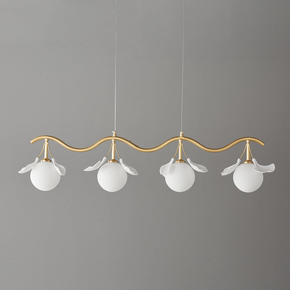 Gingko Orb Brass Chandelier with Porcelain Leaves and Glass Globes