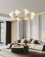 Gingko Orb Brass Chandelier with Porcelain Leaves and Glass Globes