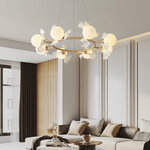 Gingko Orb Brass Chandelier with Porcelain Leaves and Glass Globes