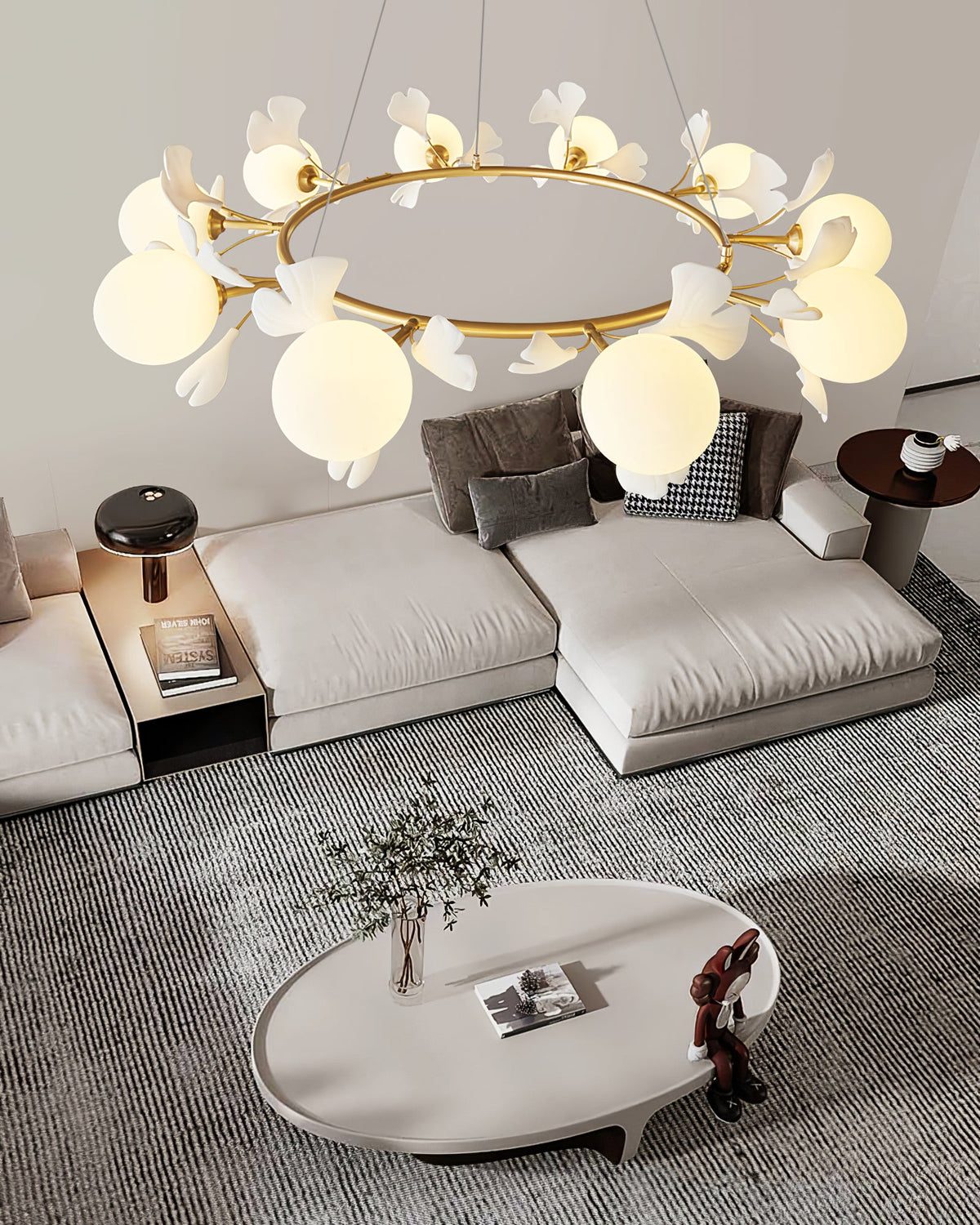 Gingko Orb Brass Chandelier with Porcelain Leaves and Glass Globes