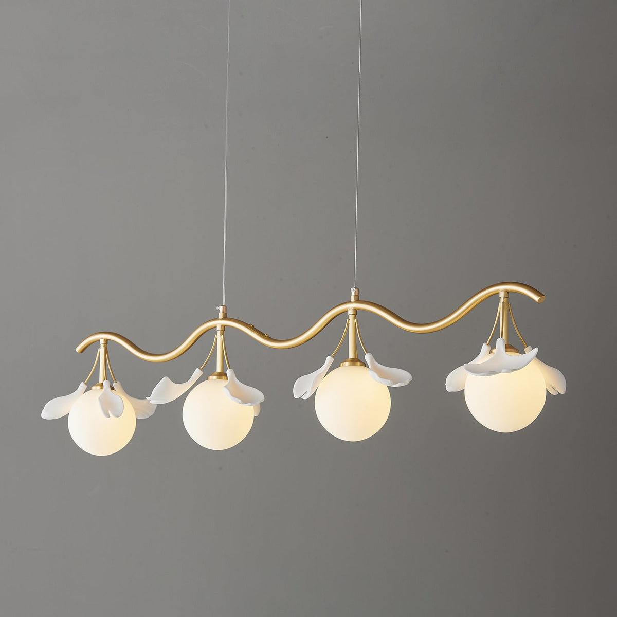 Gingko Orb Brass Chandelier with Porcelain Leaves and Glass Globes