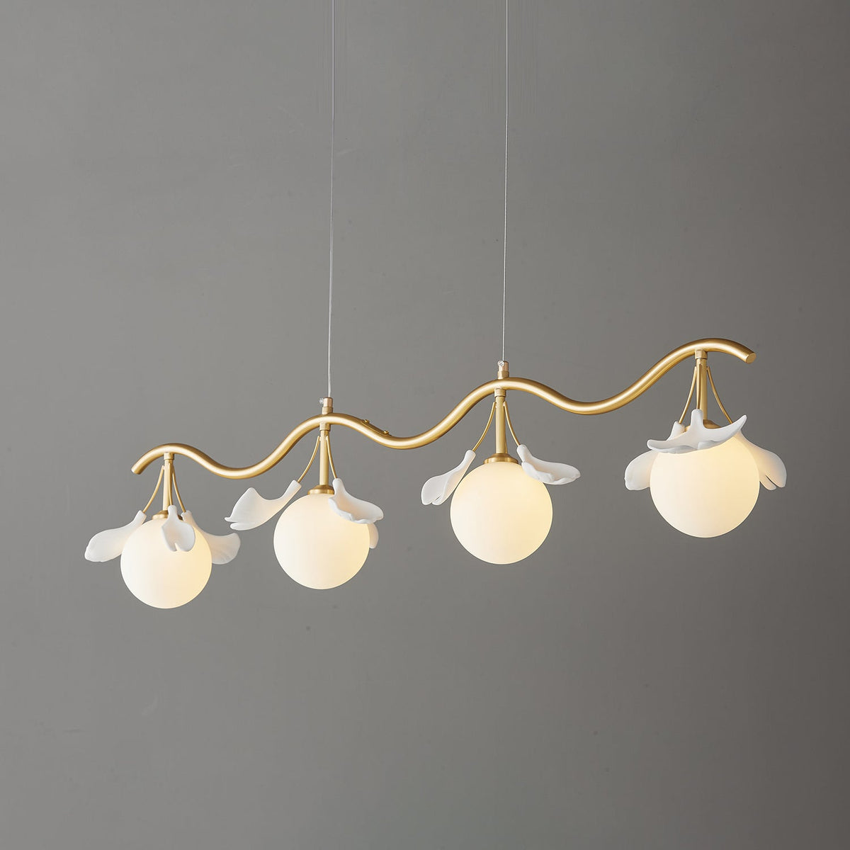 Gingko Orb Brass Chandelier with Porcelain Leaves and Glass Globes