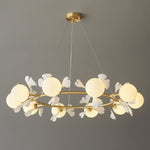 Gingko Orb Brass Chandelier with Porcelain Leaves and Glass Globes