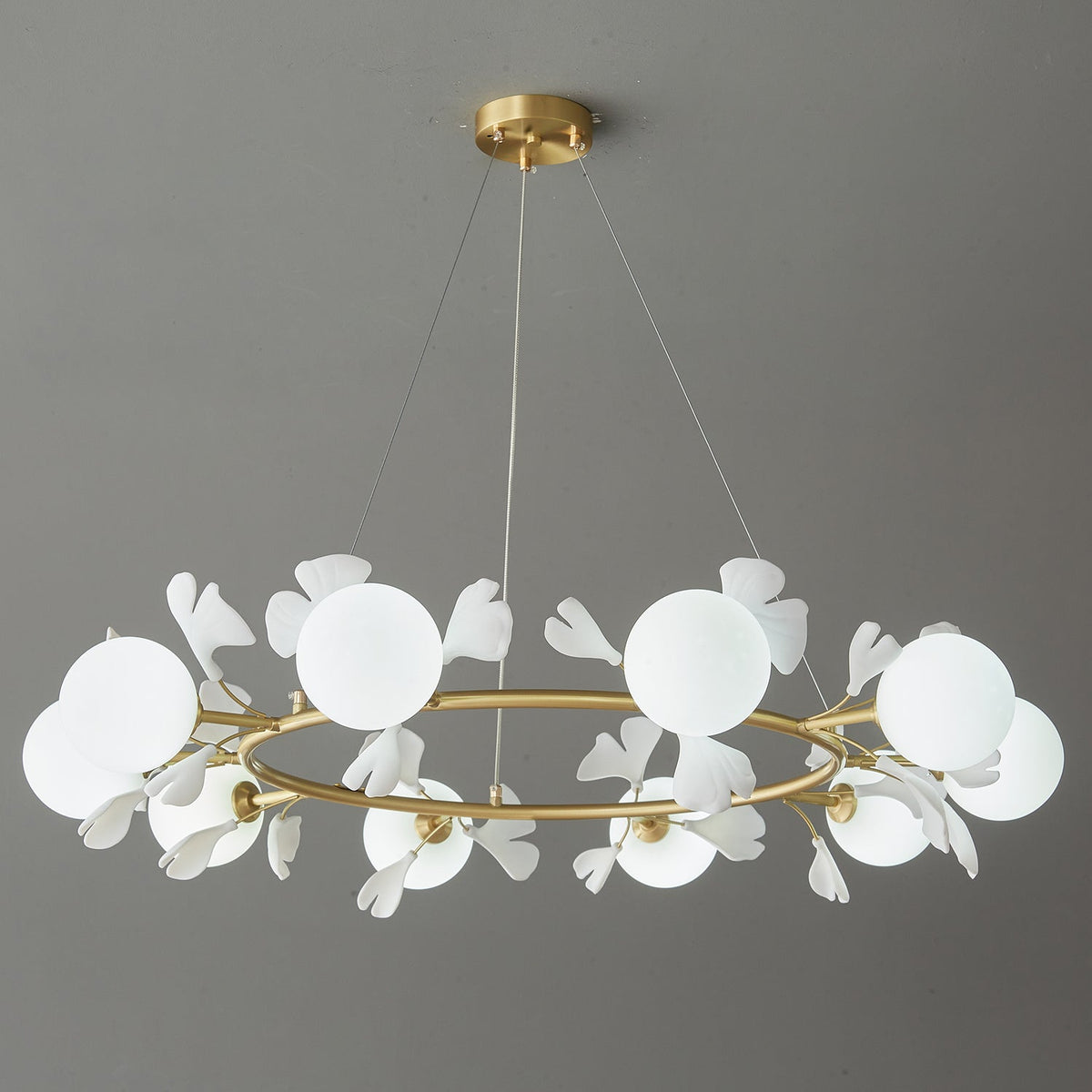 Gingko Orb Brass Chandelier with Porcelain Leaves and Glass Globes