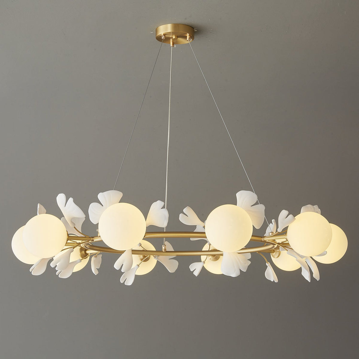Gingko Orb Brass Chandelier with Porcelain Leaves and Glass Globes