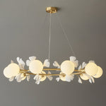 Gingko Orb Brass Chandelier with Porcelain Leaves and Glass Globes