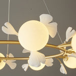 Gingko Orb Brass Chandelier with Porcelain Leaves and Glass Globes
