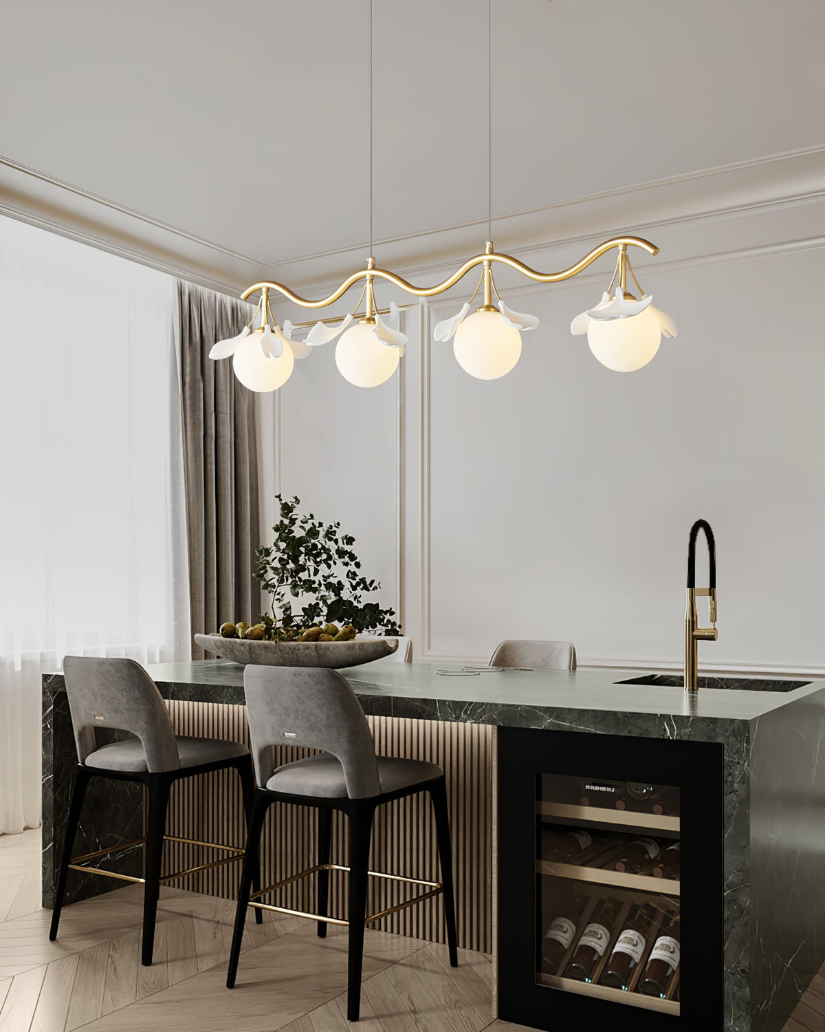 Gingko Orb Brass Chandelier with Porcelain Leaves and Glass Globes