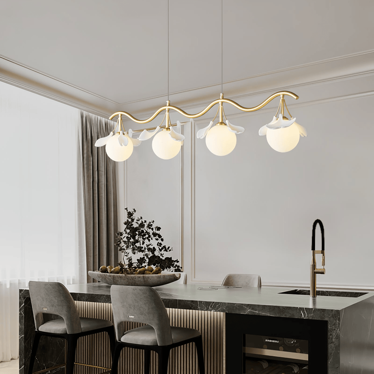 Gingko Orb Brass Chandelier with Porcelain Leaves and Glass Globes