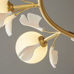 Gingko Orb Brass Chandelier with Porcelain Leaves and Glass Globes