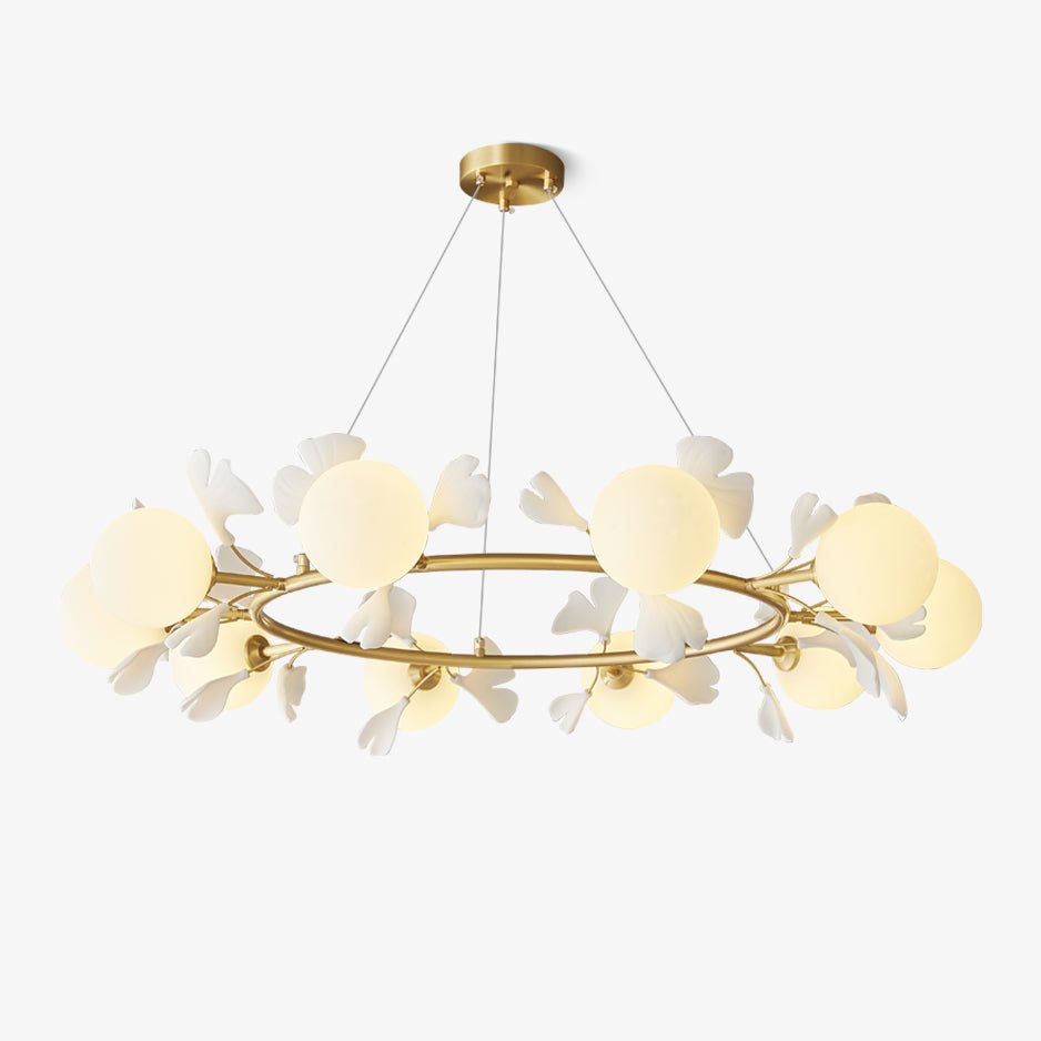 Gingko Orb Brass Chandelier with Porcelain Leaves and Glass Globes