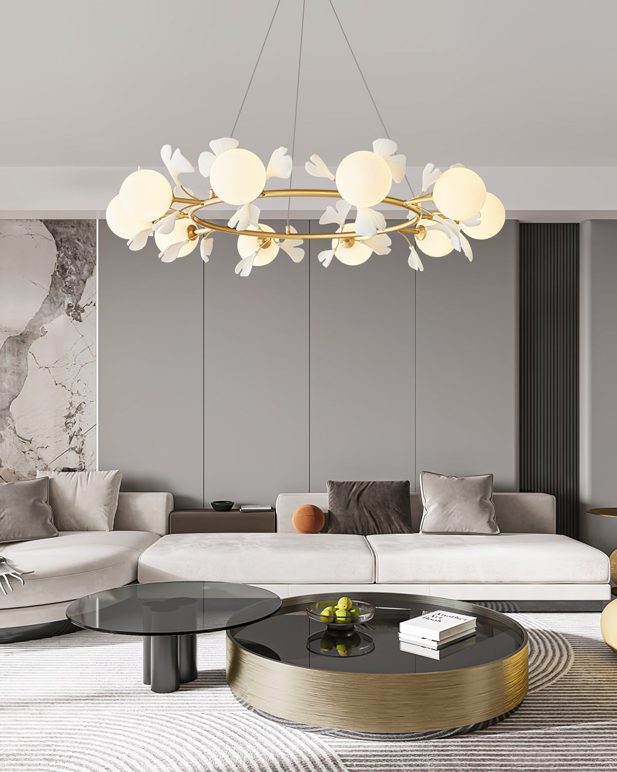 Gingko Orb Brass Chandelier with Porcelain Leaves and Glass Globes
