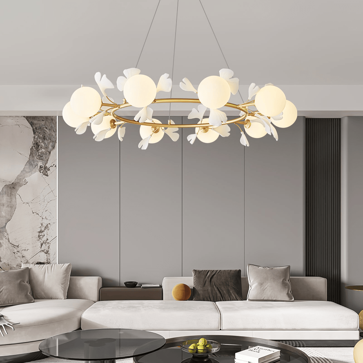 Gingko Orb Brass Chandelier with Porcelain Leaves and Glass Globes