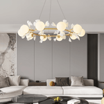 Gingko Orb Brass Chandelier with Porcelain Leaves and Glass Globes
