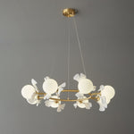 Gingko Orb Brass Chandelier with Porcelain Leaves and Glass Globes