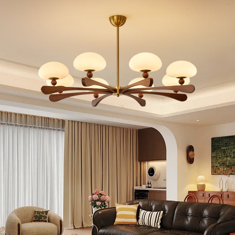 Evander Ray Modern Wood and Brass Chandelier with Glass Shades