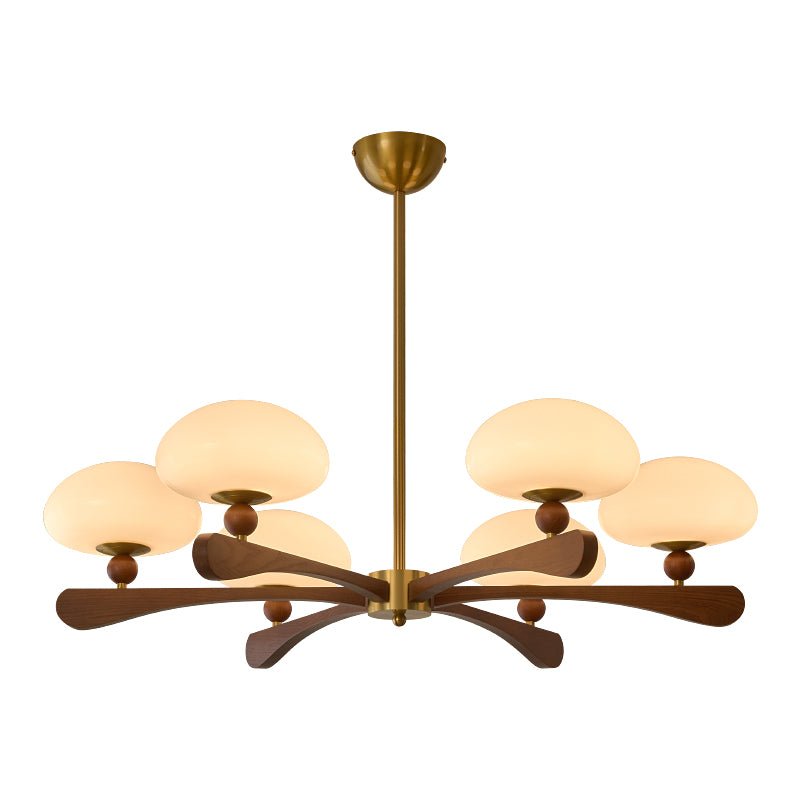 Evander Ray Modern Wood and Brass Chandelier with Glass Shades
