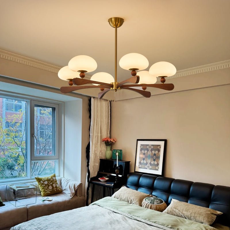 Evander Ray Modern Wood and Brass Chandelier with Glass Shades
