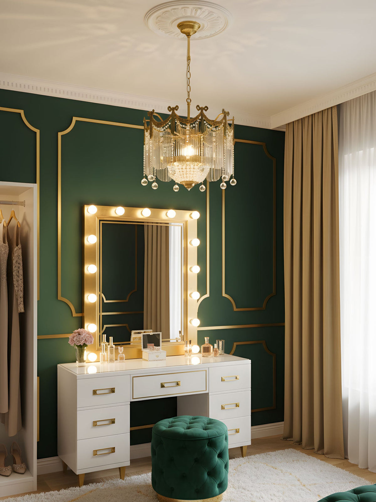 Evangeline Crystal Chandelier – Gold Finish, Cascading Glass, Designer Ceiling Light