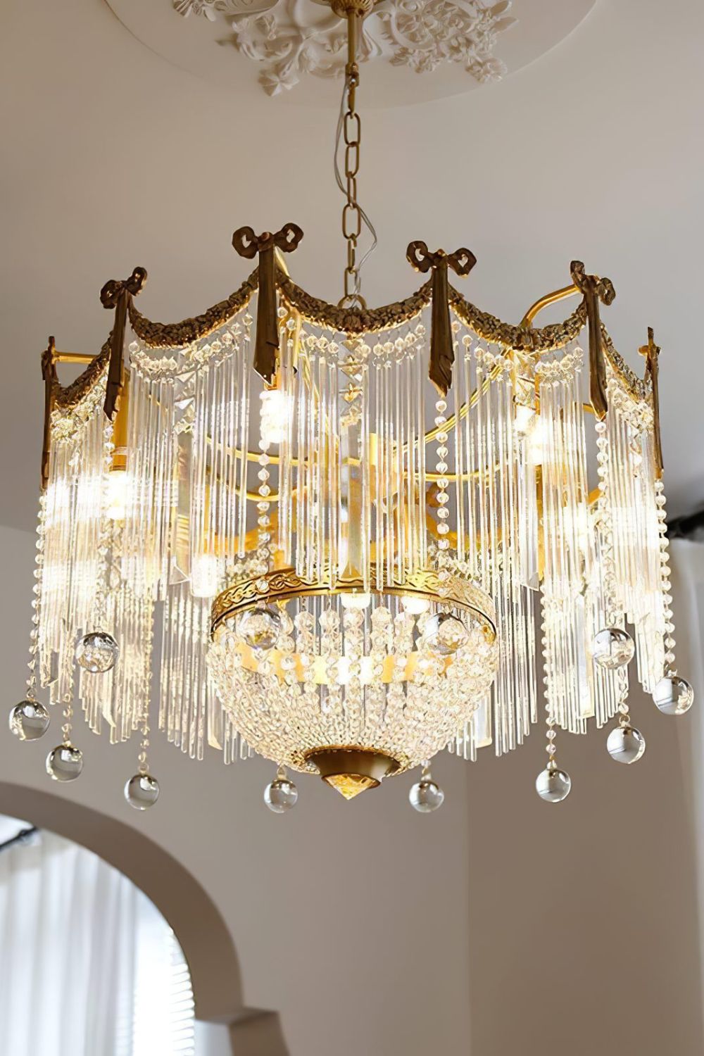 Evangeline Crystal Chandelier – Gold Finish, Cascading Glass, Designer Ceiling Light