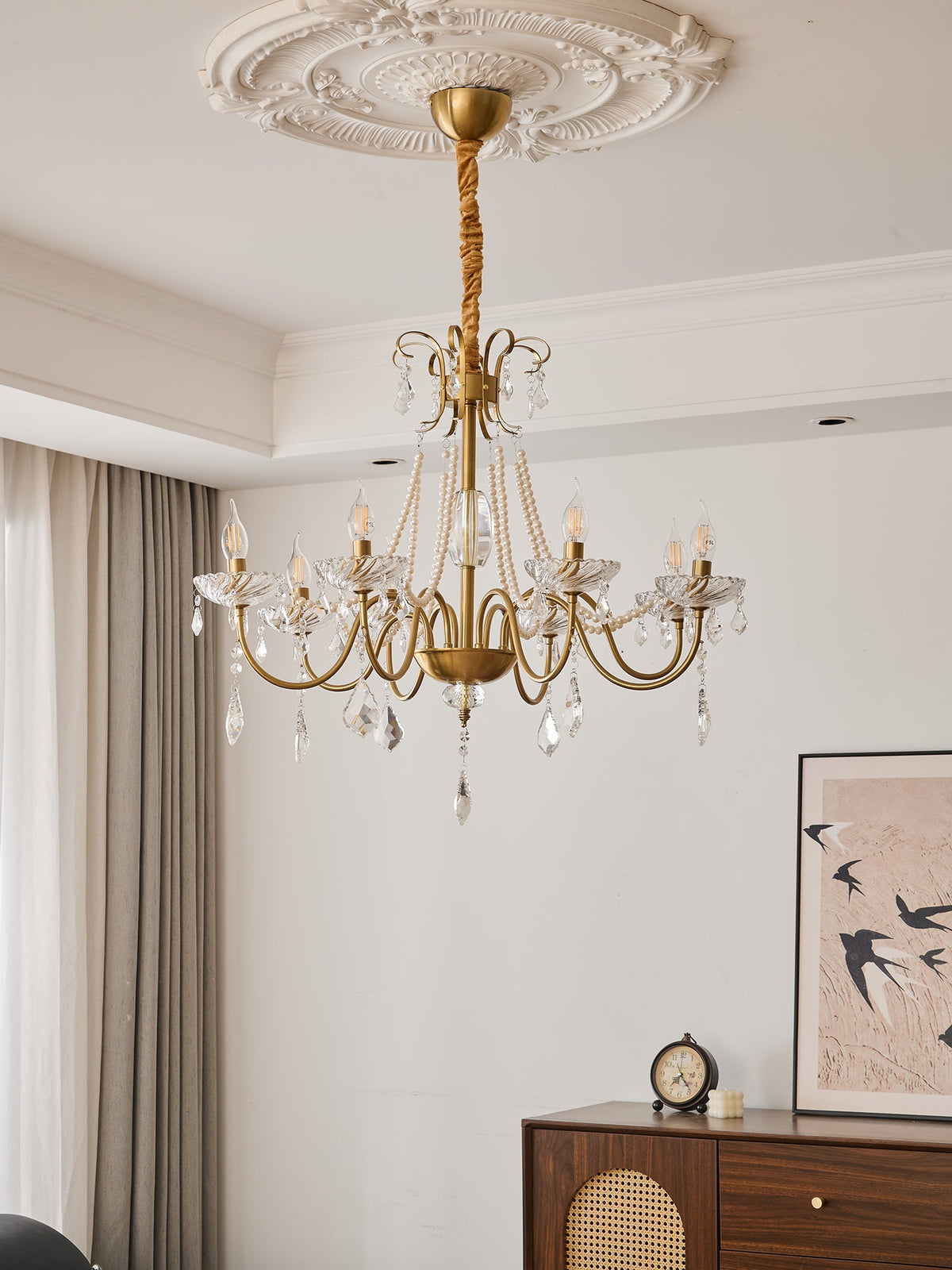 Evaria Crystal Pearl Chandelier – Opalescent Glass & Gold