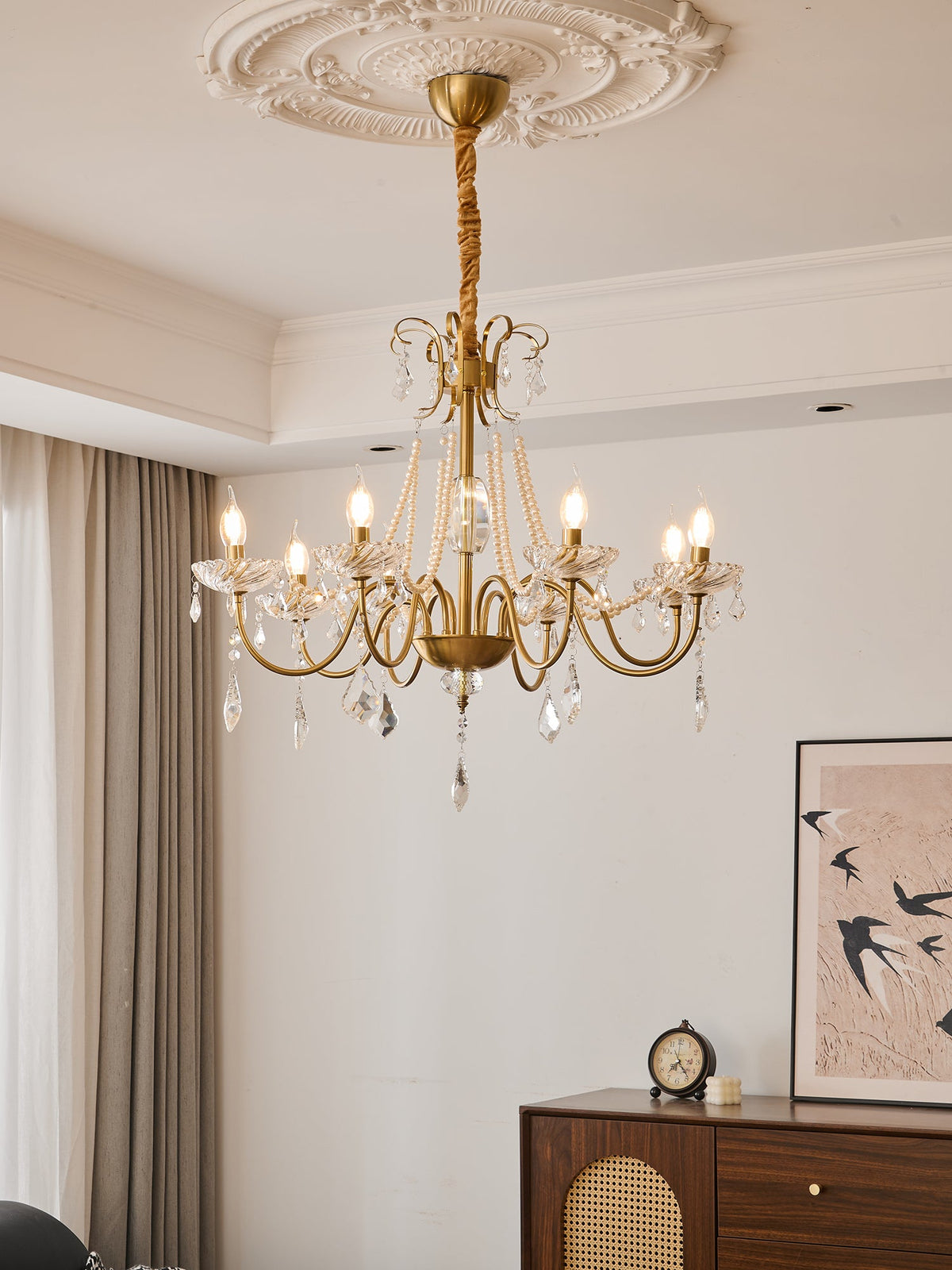 Evaria Crystal Pearl Chandelier – Opalescent Glass & Gold